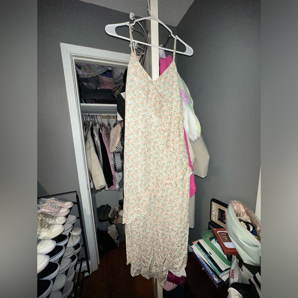 Long Altrd State green dress with orange pink floral pattern